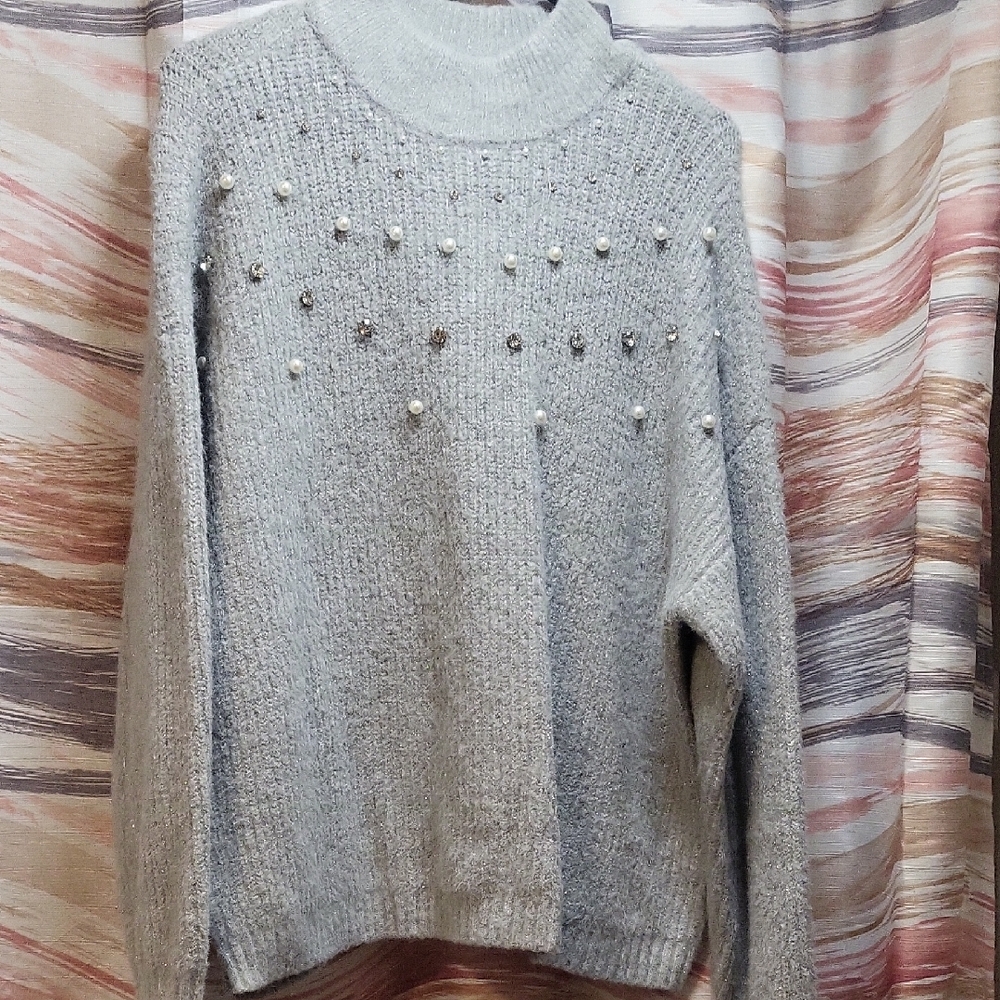 Elegant Gray Sweater with Pearl Accents